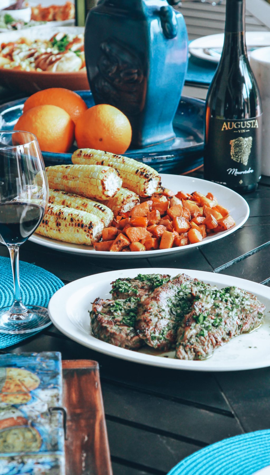 Augusta Vin Winery, recipes, summer, steak, chimichurri, sweet potatoes, corn, red wine